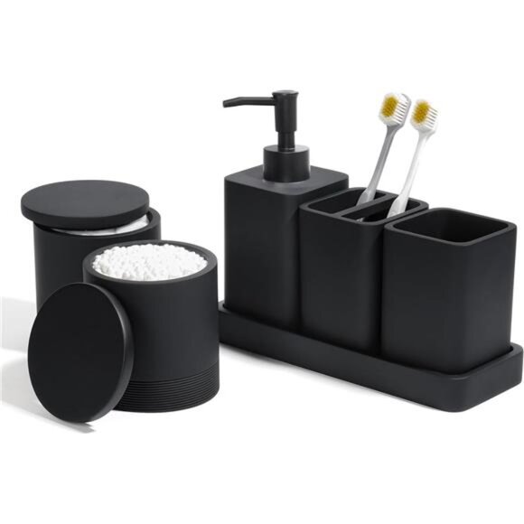 Matte Black Bathroom Accessories Set 6 Piece Soap Dispenser Toothbrush Holder - Picture 1 of 8